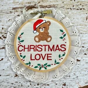 VTG Russ Christmas Love Santa Bear Circle Lace Ornament Embroidered